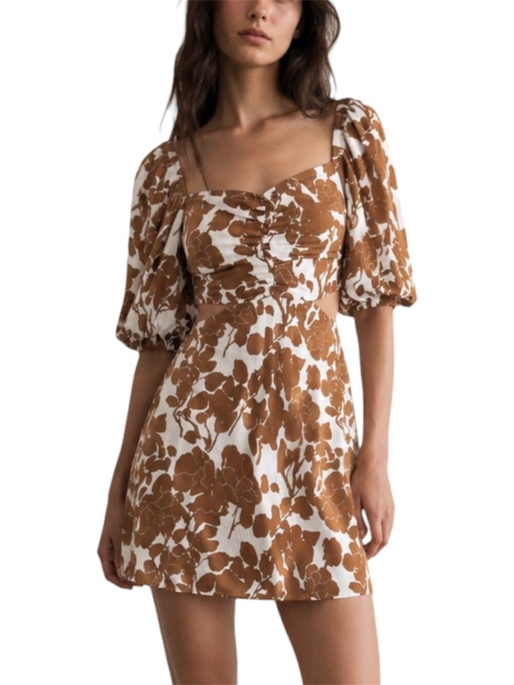 S Brown White Floral Puff Sleeve Cutout Mini Dress